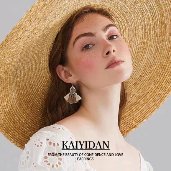 Brown Tassels Oval Shaped Enamal Dangle Statement Vintage Earring for Women - Picture 5 of 10